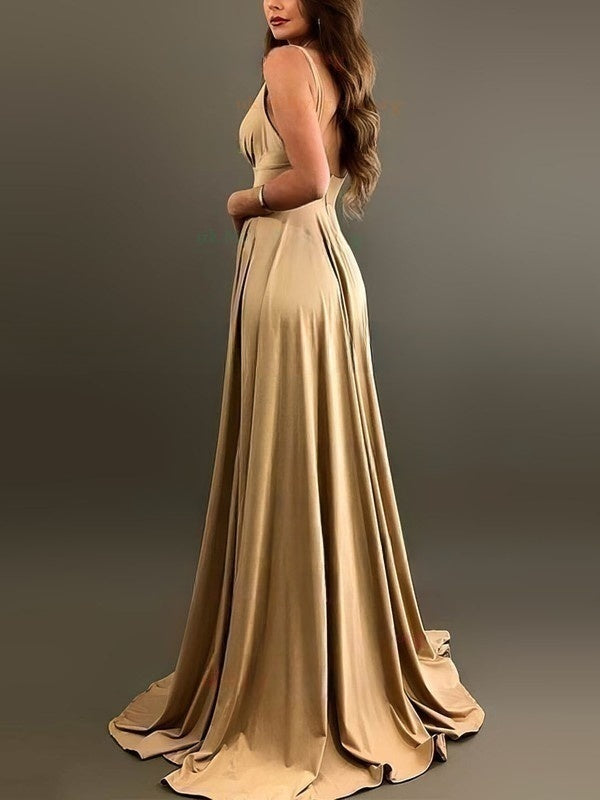 Silk-like Satin V-neck A-line Split Front Bridesmaid Dresses
