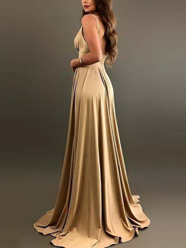 Silk-like Satin V-neck A-line Split Front Bridesmaid Dresses