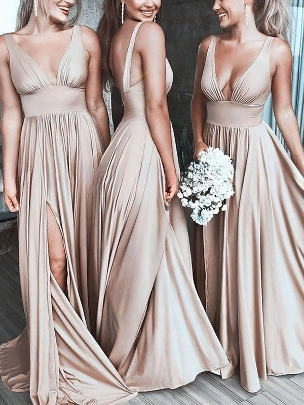 Silk-like Satin V-neck A-line Split Front Bridesmaid Dresses