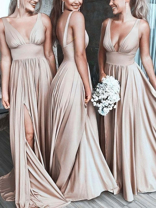 Silk-like Satin V-neck A-line Split Front Bridesmaid Dresses