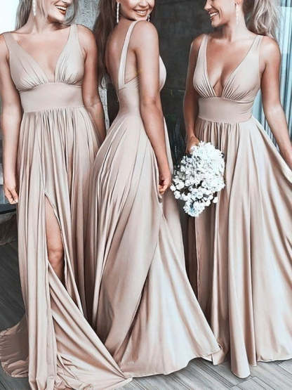 Silk-like Satin V-neck A-line Split Front Bridesmaid Dresses