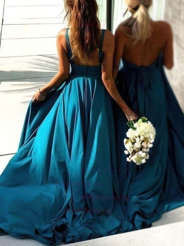 Silk-like Satin V-neck A-line Bridesmaid Dresses with Sweep Train and Split Front