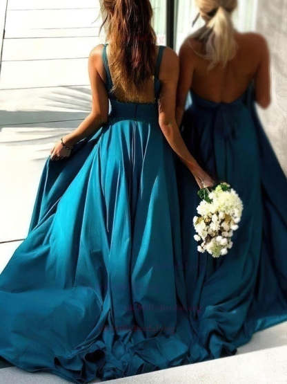 Silk-like Satin V-neck A-line Bridesmaid Dresses with Sweep Train and Split Front