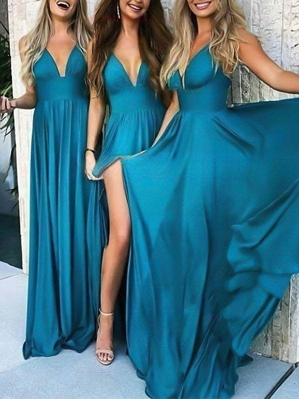 Silk-like Satin V-neck A-line Bridesmaid Dresses with Sweep Train and Split Front
