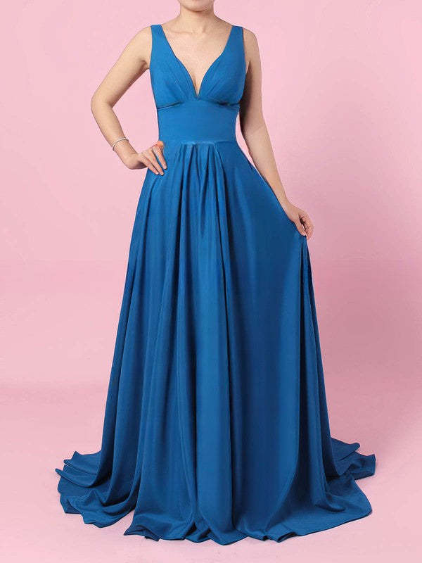 Silk-like Satin V-neck A-line Bridesmaid Dresses with Sweep Train and Split Front