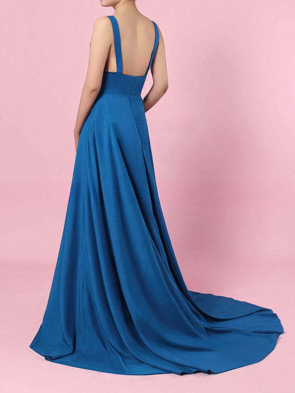 Silk-like Satin V-neck A-line Bridesmaid Dresses with Sweep Train and Split Front
