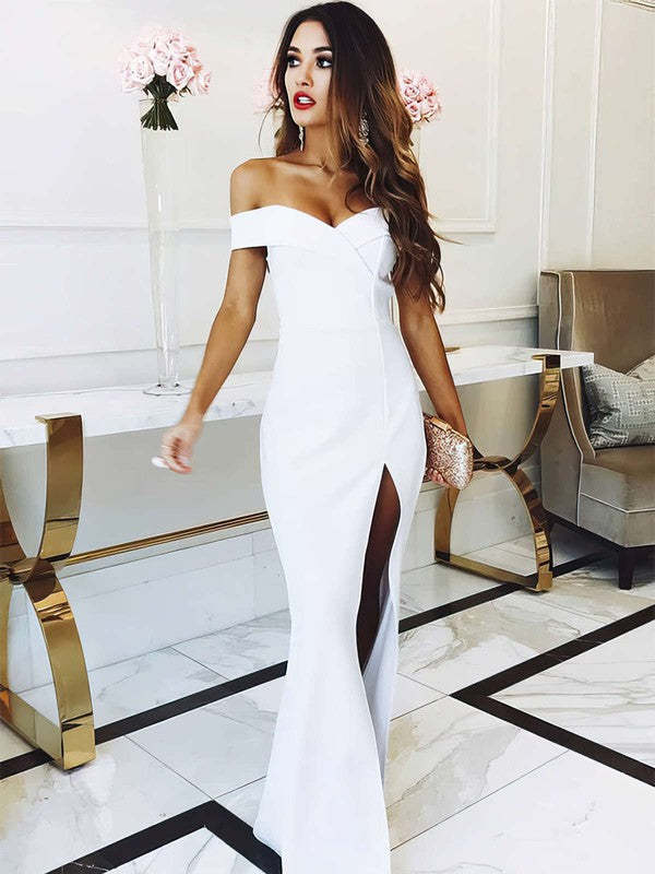 Satin Off-the-shoulder Sheath/Column Bridesmaid Dresses with Split Front and Sweep Train