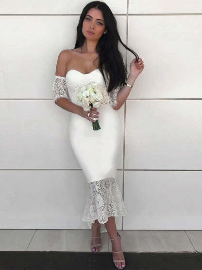 Lace Asymmetrical Sheath/Column Bridesmaid Dresses in Silk-like Satin