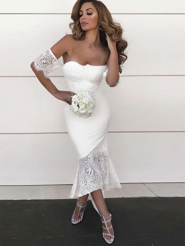 Lace Asymmetrical Sheath/Column Bridesmaid Dresses in Silk-like Satin