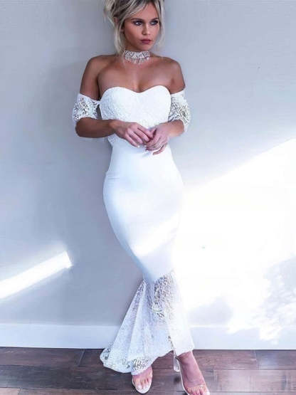 Lace Asymmetrical Sheath/Column Bridesmaid Dresses in Silk-like Satin