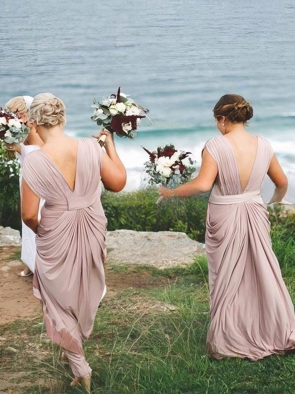 Ruffled V-neck Jersey Sheath Bridesmaid Dresses for Floor-length Look