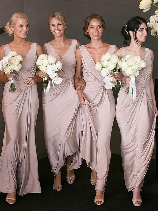 Silk-like Satin V-neck A-line Floor-length Ruffles Bridesmaid Dresses