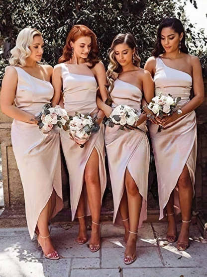 Silk-like Satin A-Line Bridesmaid Dresses with One Shoulder Asymmetrical Pleats