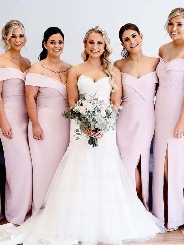 Silk-like Satin Off-the-shoulder Sheath/Column Split Front Bridesmaid Dress with Sweep Train