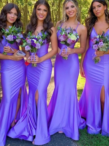 Sheath/Column V-neck Silk-like Satin Floor-length Split Front Bridesmaid Dresses