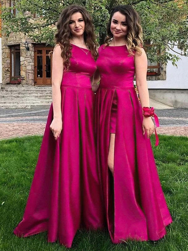 Satin Scoop Neck A-line Sweep Train Split Front Bridesmaid Dresses