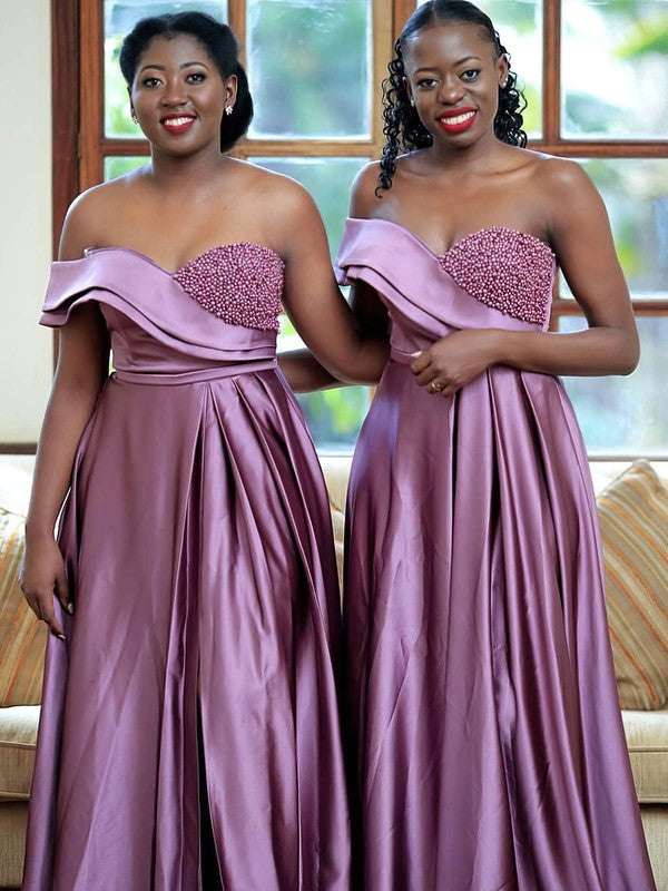 Satin Off-the-shoulder A-line Split Front Bridesmaid Dresses with Sweep Train