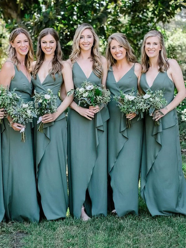 A-line V-neck Satin Sweep Train Split Front Bridesmaid Dresses