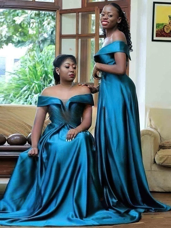 Silk-like Satin Off-the-shoulder A-line Sweep Train Bow Bridesmaid Dresses