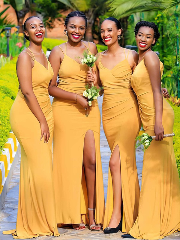 Silk-like Satin V-neck Sheath/Column Bridesmaid Dresses with Ruffles and Floor-length