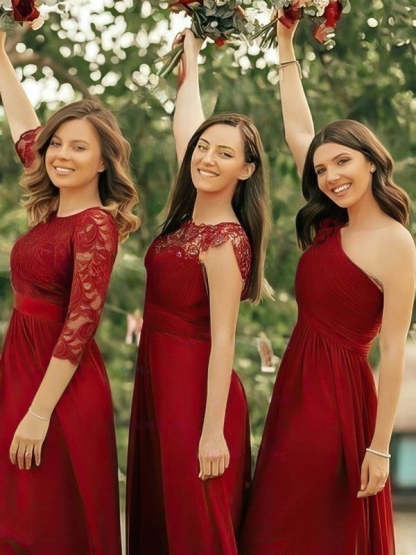 Chiffon Appliques Lace Bridesmaid Dress with Scoop Neck and A-line Sweep Train