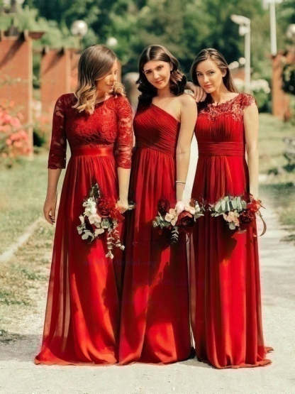 Chiffon Appliques Lace Bridesmaid Dress with Scoop Neck and A-line Sweep Train