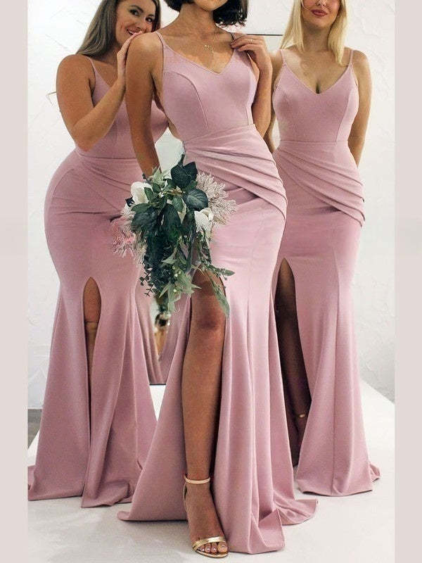 Sheath/Column V-neck Stretch Crepe Sweep Train Split Front Bridesmaid Dresses