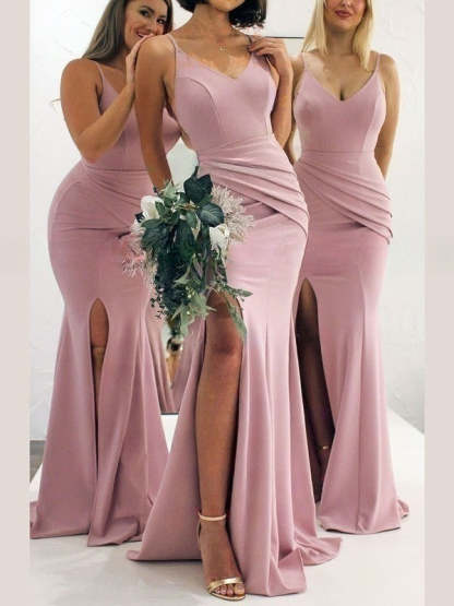 Sheath/Column V-neck Stretch Crepe Sweep Train Split Front Bridesmaid Dresses