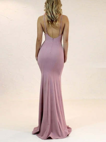 Sheath/Column V-neck Stretch Crepe Sweep Train Split Front Bridesmaid Dresses