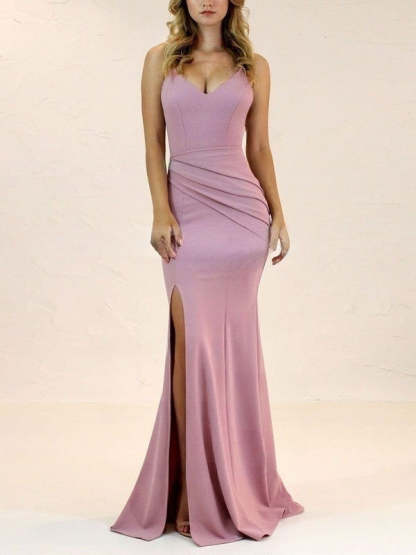 Sheath/Column V-neck Stretch Crepe Sweep Train Split Front Bridesmaid Dresses