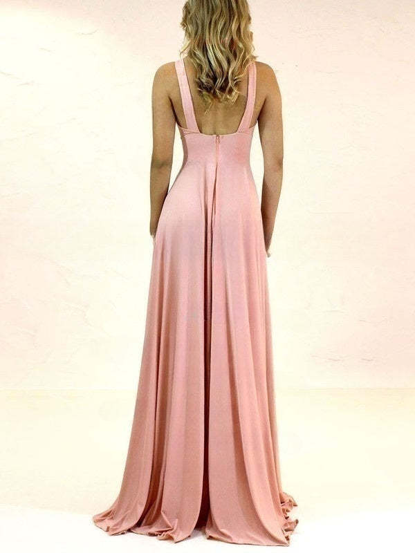 A-Line V-Neck Jersey Split Front Bridesmaid Dresses with Sweep Train