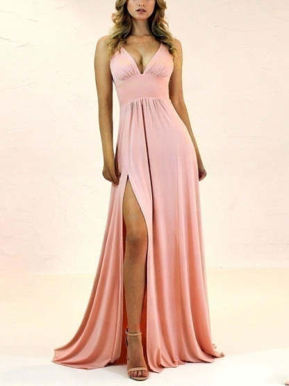 A-Line V-Neck Jersey Split Front Bridesmaid Dresses with Sweep Train