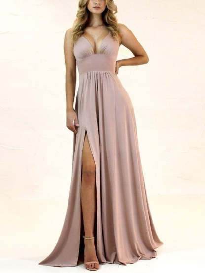 A-Line V-Neck Jersey Split Front Bridesmaid Dresses with Sweep Train
