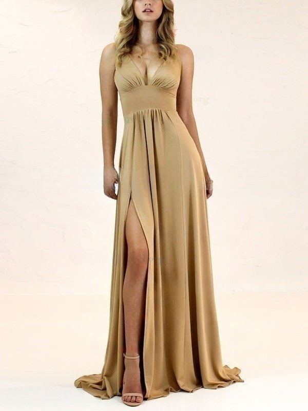 A-Line V-Neck Jersey Split Front Bridesmaid Dresses with Sweep Train