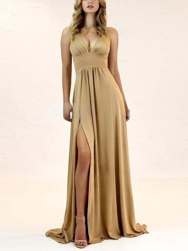 A-Line V-Neck Jersey Split Front Bridesmaid Dresses with Sweep Train
