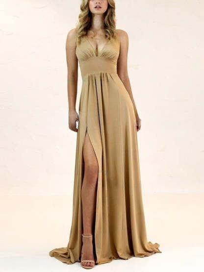 A-Line V-Neck Jersey Split Front Bridesmaid Dresses with Sweep Train