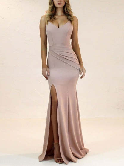 Sheath/Column V-neck Bridesmaid Dresses with Split Front and Stretch Crepe Sweep Train
