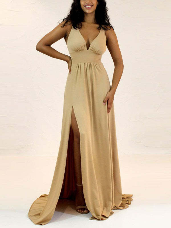 Stunning A-line V-neck Bridesmaid Dresses with Split Front and Jersey Sweep Train