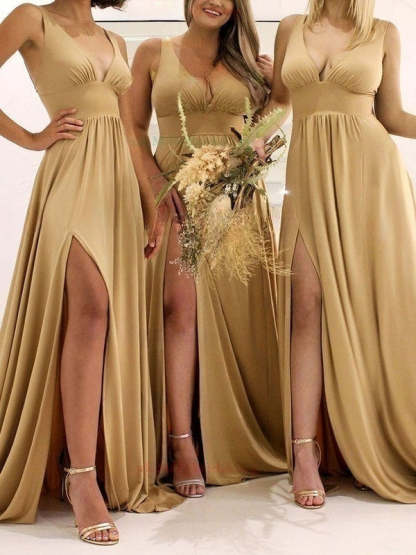 Stunning A-line V-neck Bridesmaid Dresses with Split Front and Jersey Sweep Train
