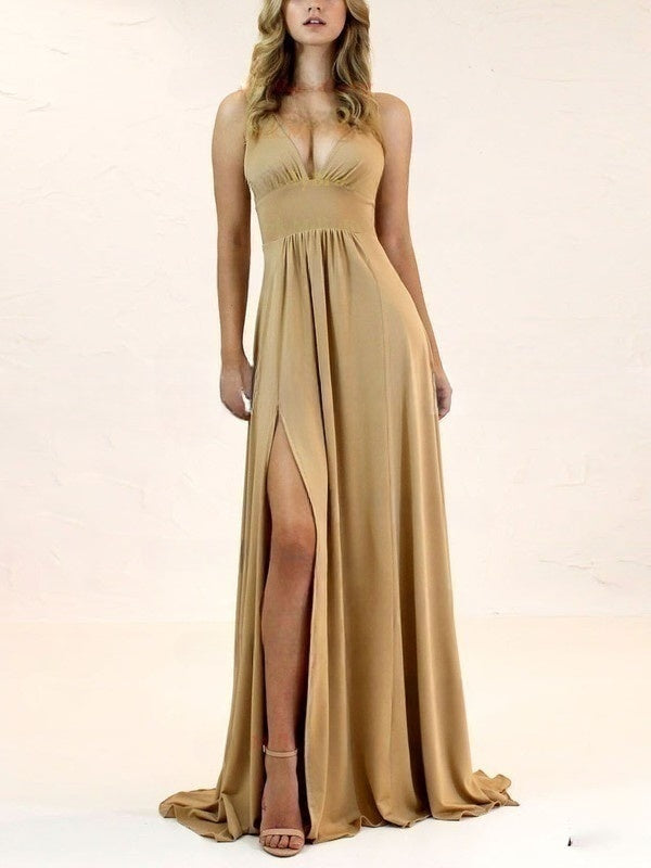 Stunning A-line V-neck Bridesmaid Dresses with Split Front and Jersey Sweep Train
