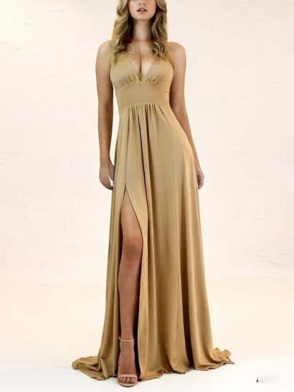 Stunning A-line V-neck Bridesmaid Dresses with Split Front and Jersey Sweep Train