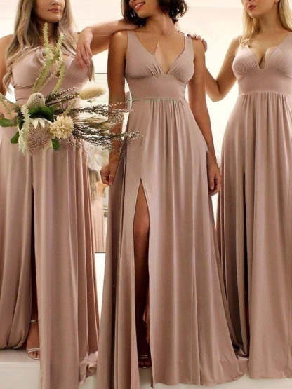 Elegant A-Line V-Neck Bridesmaid Dresses with Jersey Sweep Train and Split Front