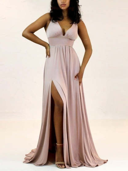 Elegant A-Line V-Neck Bridesmaid Dresses with Jersey Sweep Train and Split Front