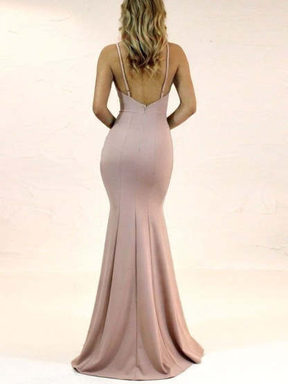 Sheath/Column V-neck Stretch Crepe Bridesmaid Dress with Split Front and Sweep Train