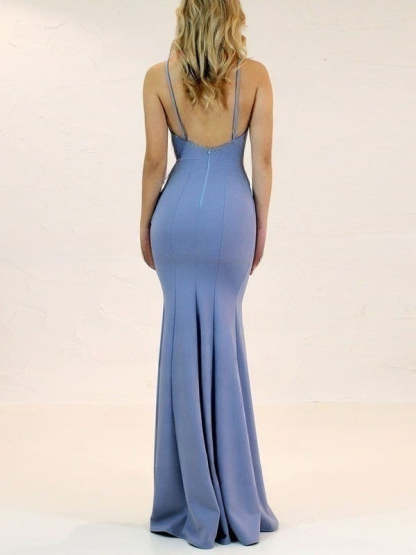 Elegant Sheath/Column V-neck Bridesmaid Dresses with Stretch Crepe Sweep Train and Split Front