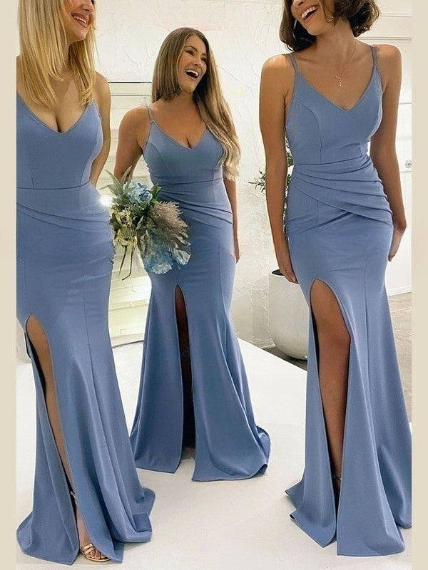 Elegant Sheath/Column V-neck Bridesmaid Dresses with Stretch Crepe Sweep Train and Split Front