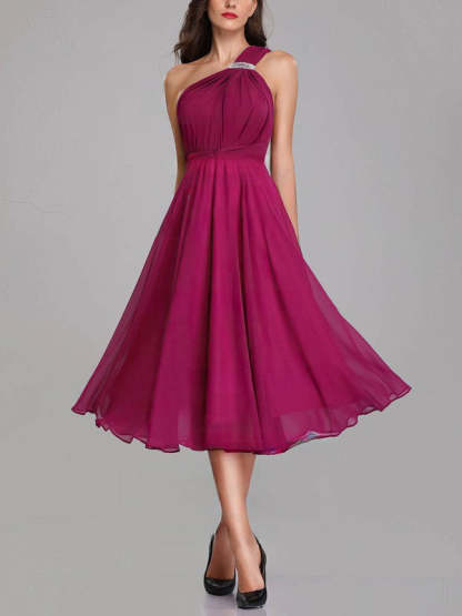 A-line One Shoulder Chiffon Tea-length Bridesmaid Dresses with Sashes / Ribbons