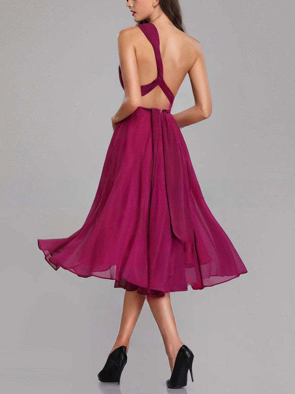 A-line One Shoulder Chiffon Tea-length Bridesmaid Dresses with Sashes / Ribbons