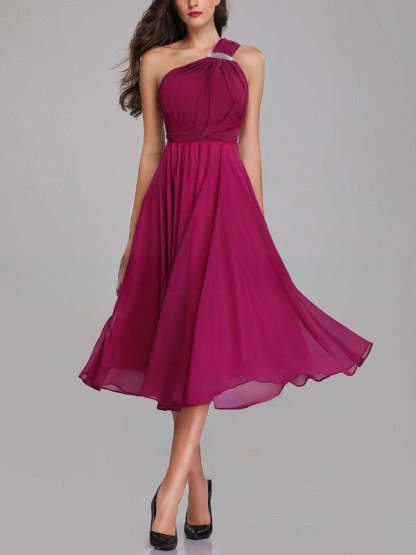 A-line One Shoulder Chiffon Tea-length Bridesmaid Dresses with Sashes / Ribbons