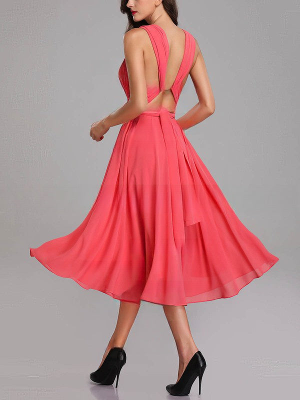 A-line V-neck Chiffon Tea-length Bridesmaid Dresses With Sashes & Ribbons
